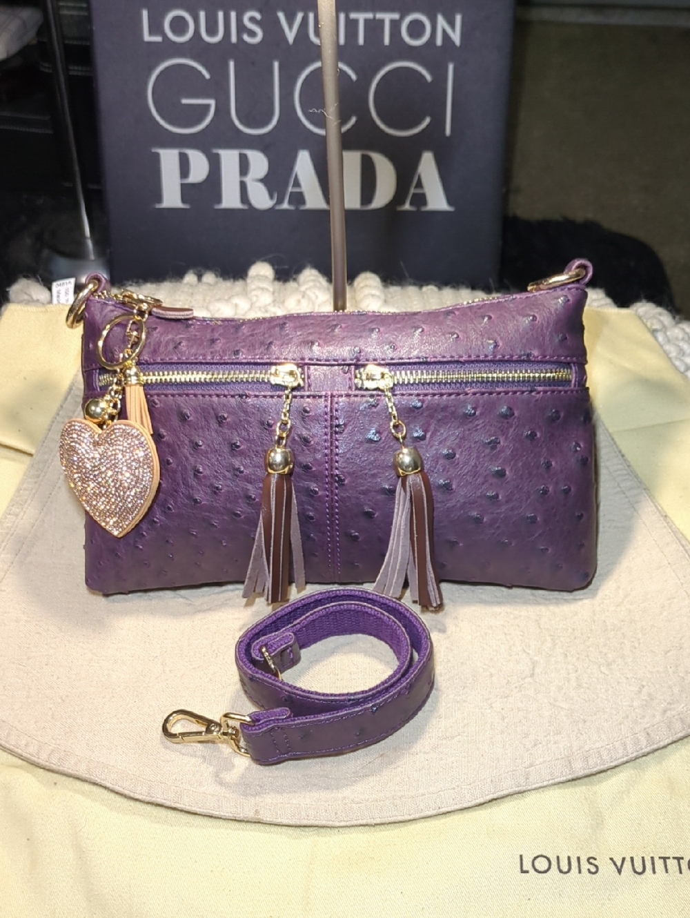 Purple Omar Sharif Ostrich-Textured Crossbody Bag with Tassels NOW ONLY $125